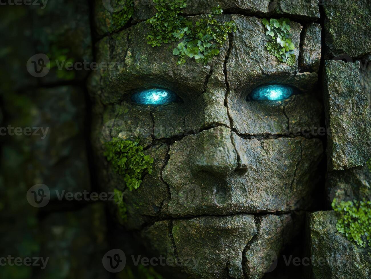 Mysterious stone face with glowing eyes in the forest photo