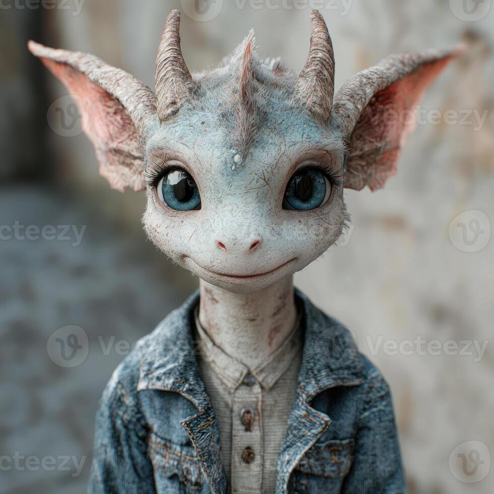 Cute fantasy creature in denim jacket photo