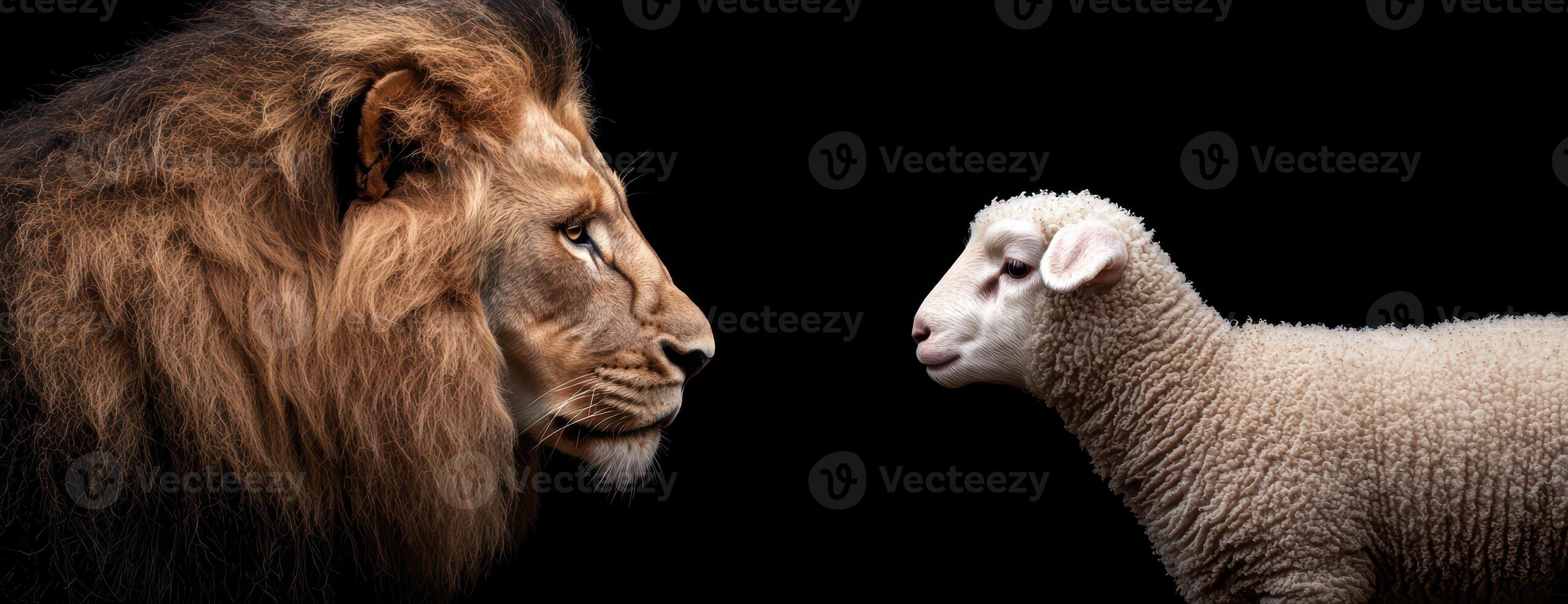 Powerful lion and innocent lamb facing each other photo