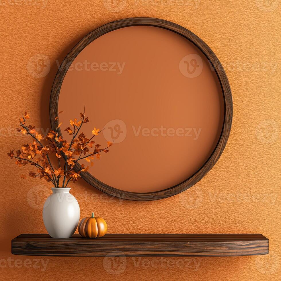 cozy autumn decor with round mirror and fall floral arrangement photo