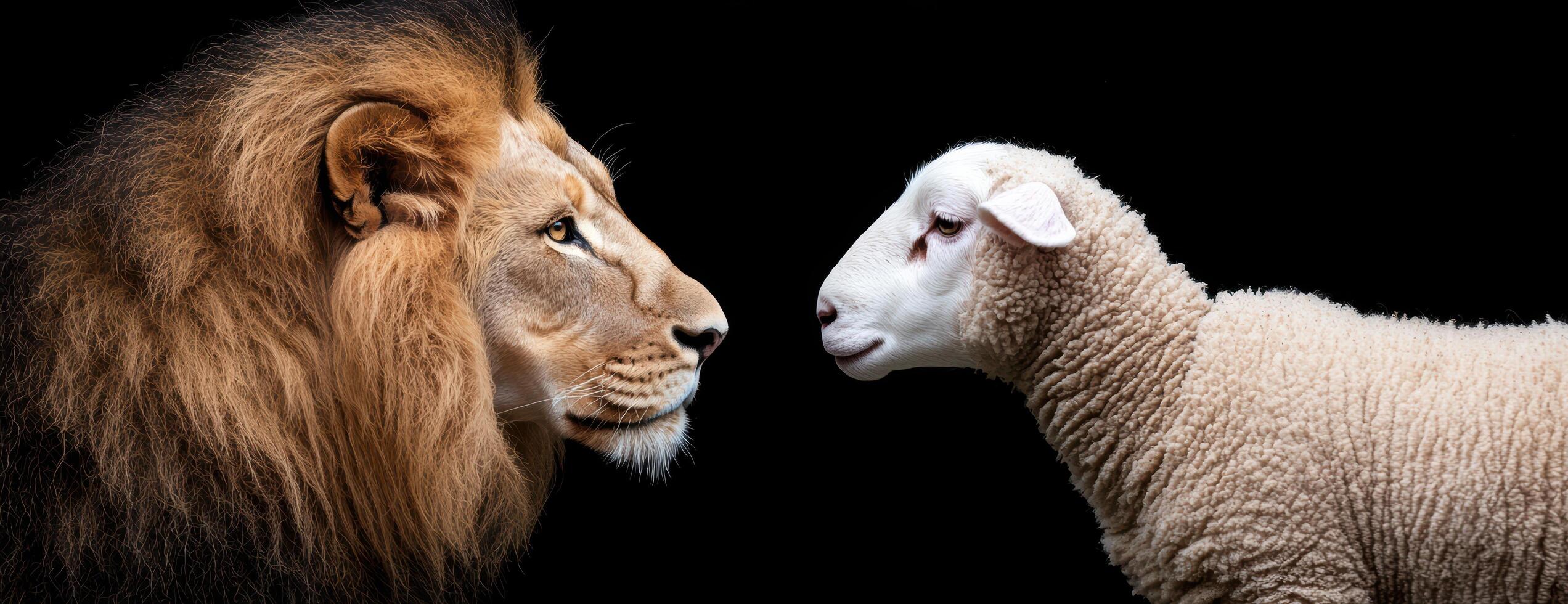 powerful lion and gentle lamb face to face photo