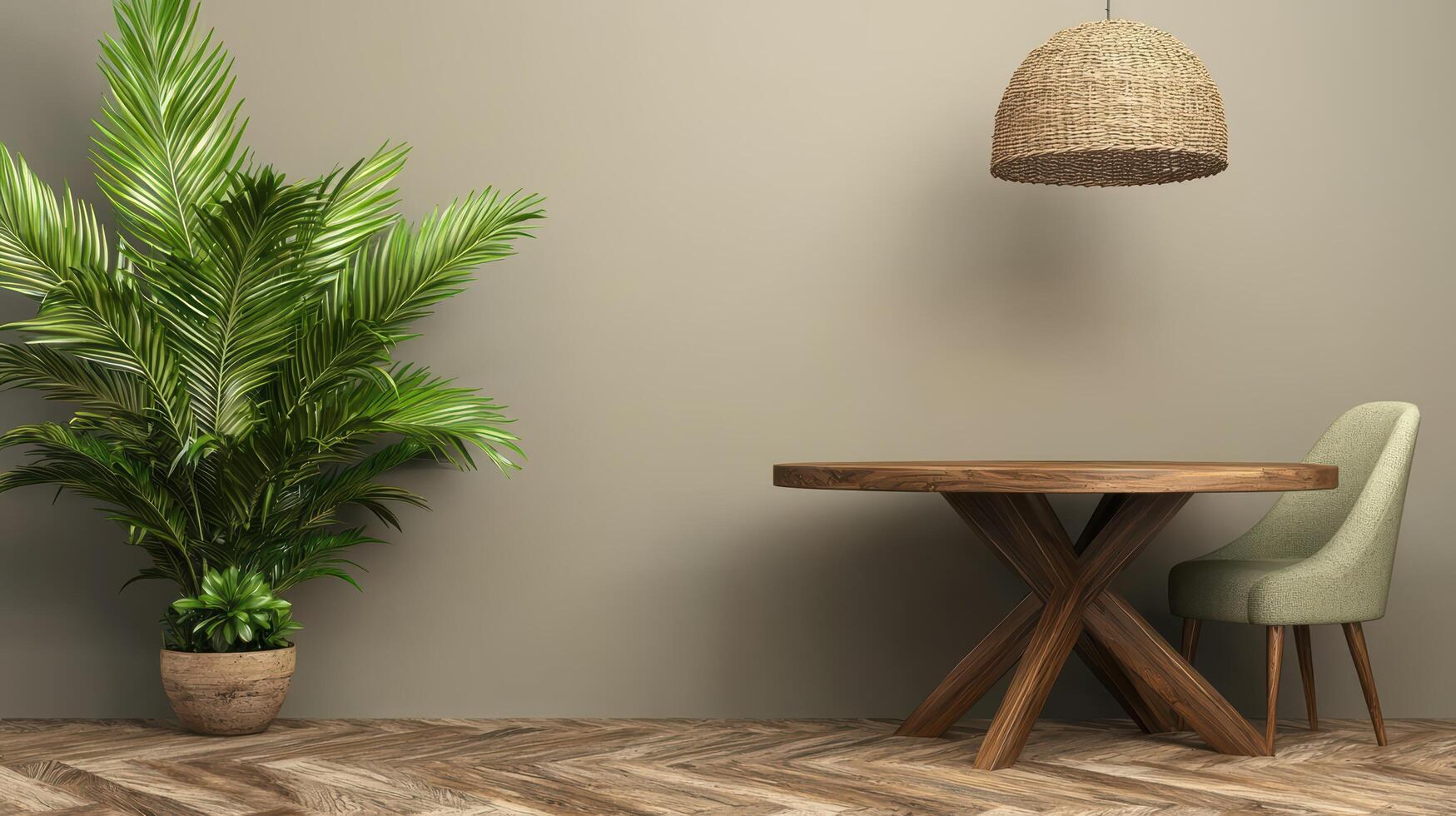 cozy tropical home interior with wooden furniture and plants photo