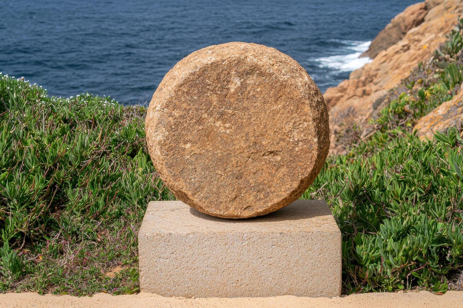 Smooth rock sculpture on coastal landscape photo