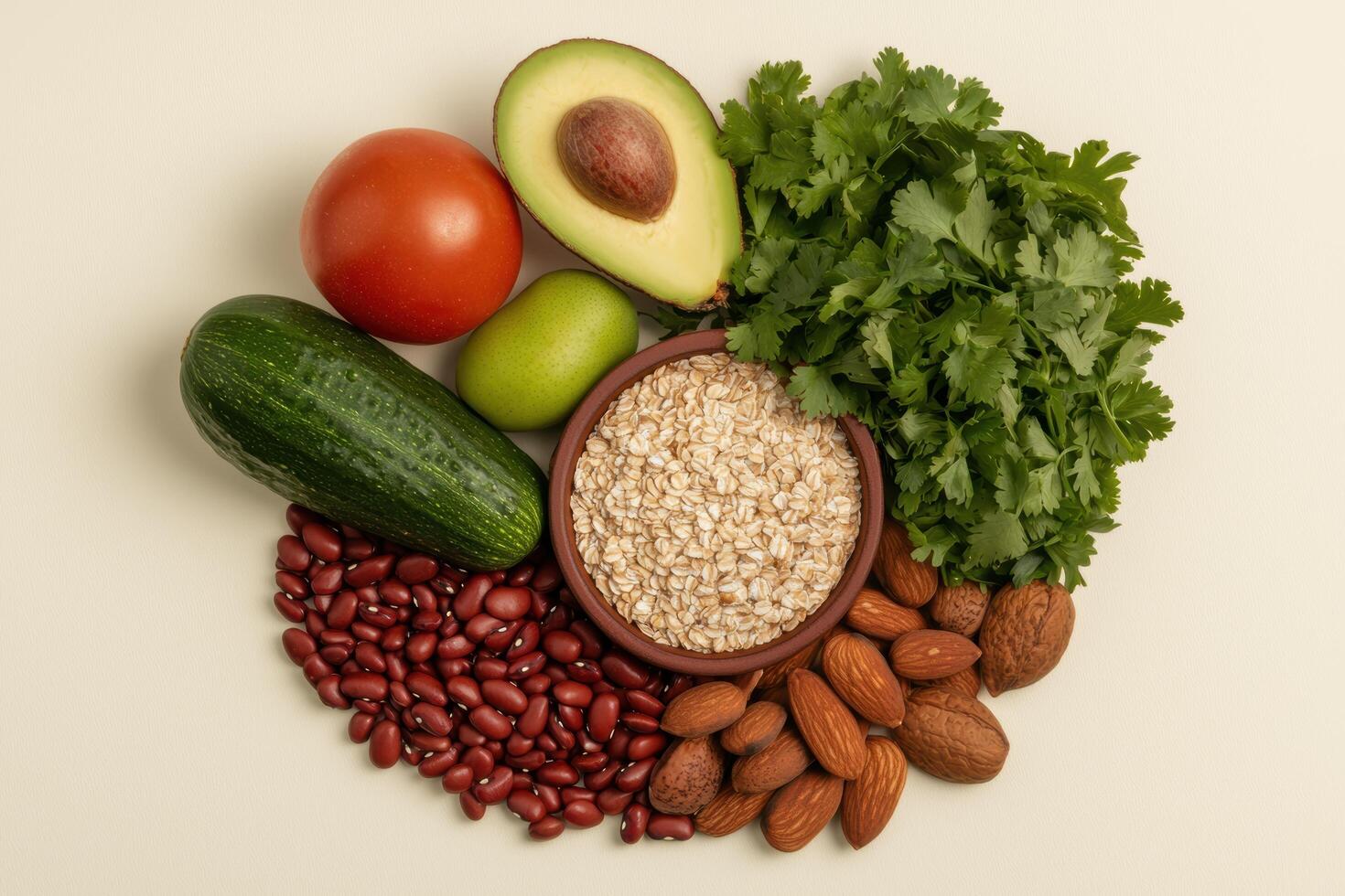 Assortment of healthy fresh vegetables and nuts photo