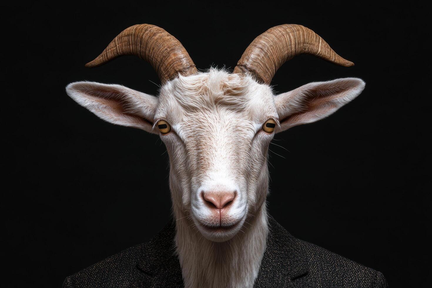 Close up portrait of a goat with horns against a dark background photo
