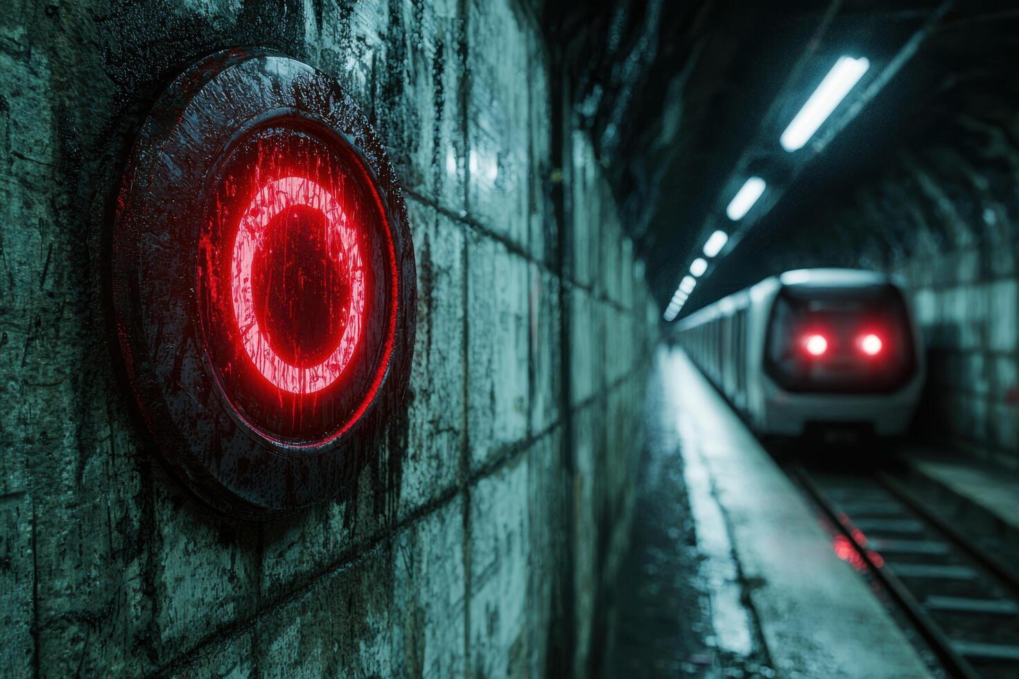 Eerie red light in dark underground tunnel photo