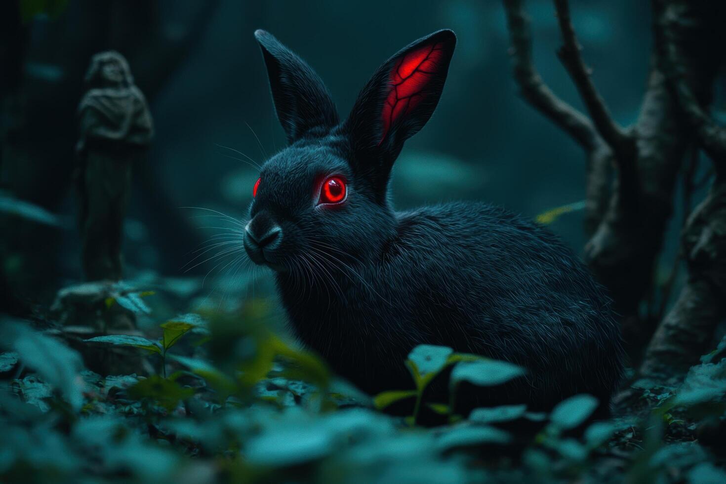 Mysterious black rabbit with glowing red eyes in dark forest photo