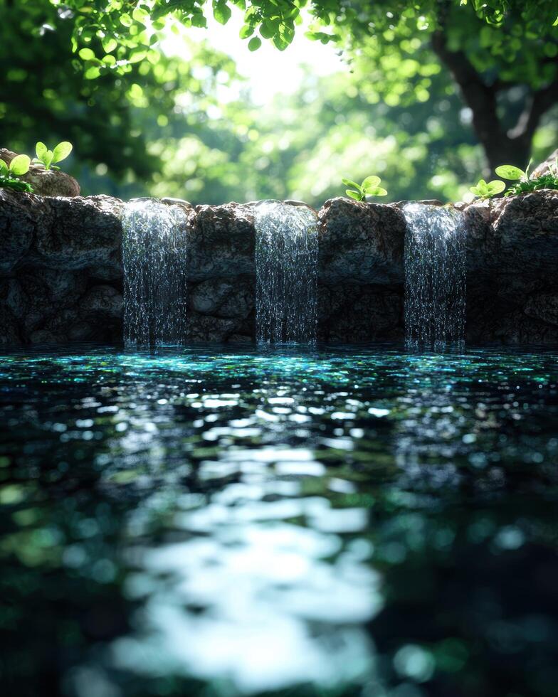 Serene waterfall in lush green forest photo