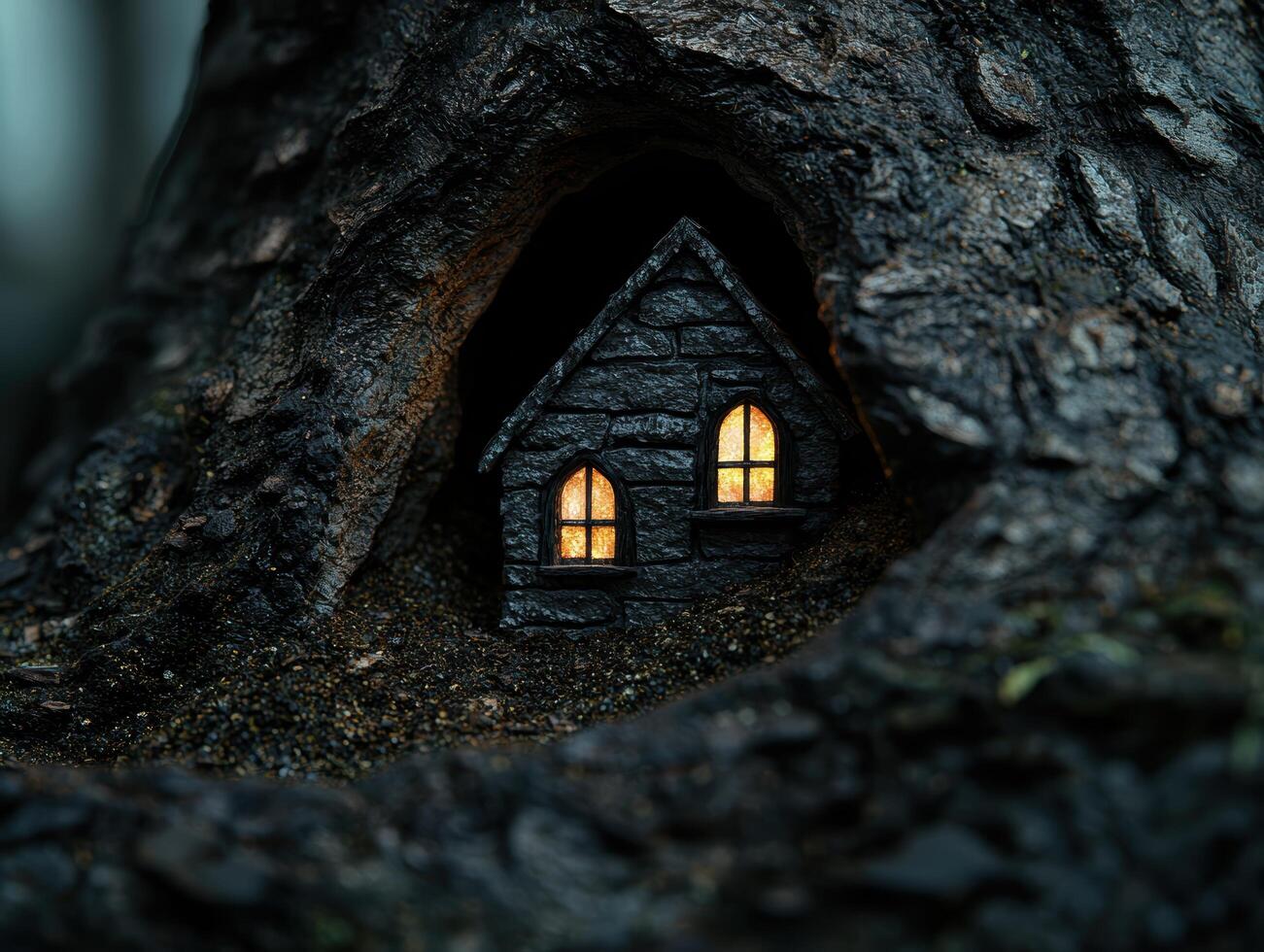Enchanting fairy house in the dark forest photo