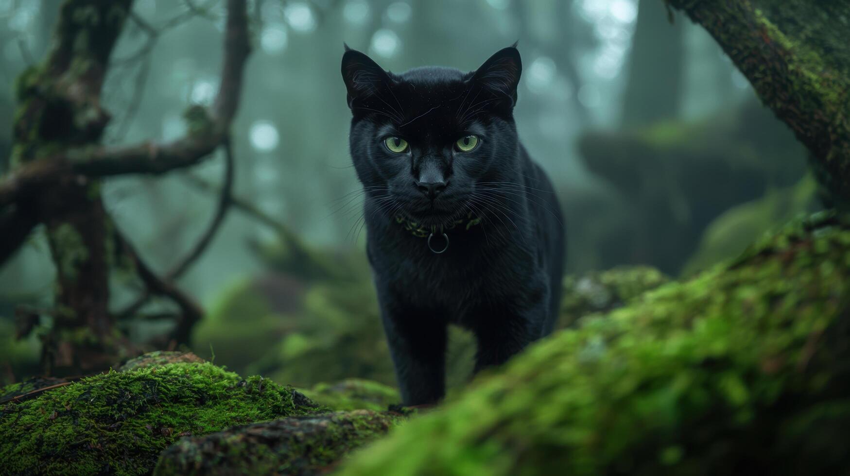 Mysterious black cat in the forest photo
