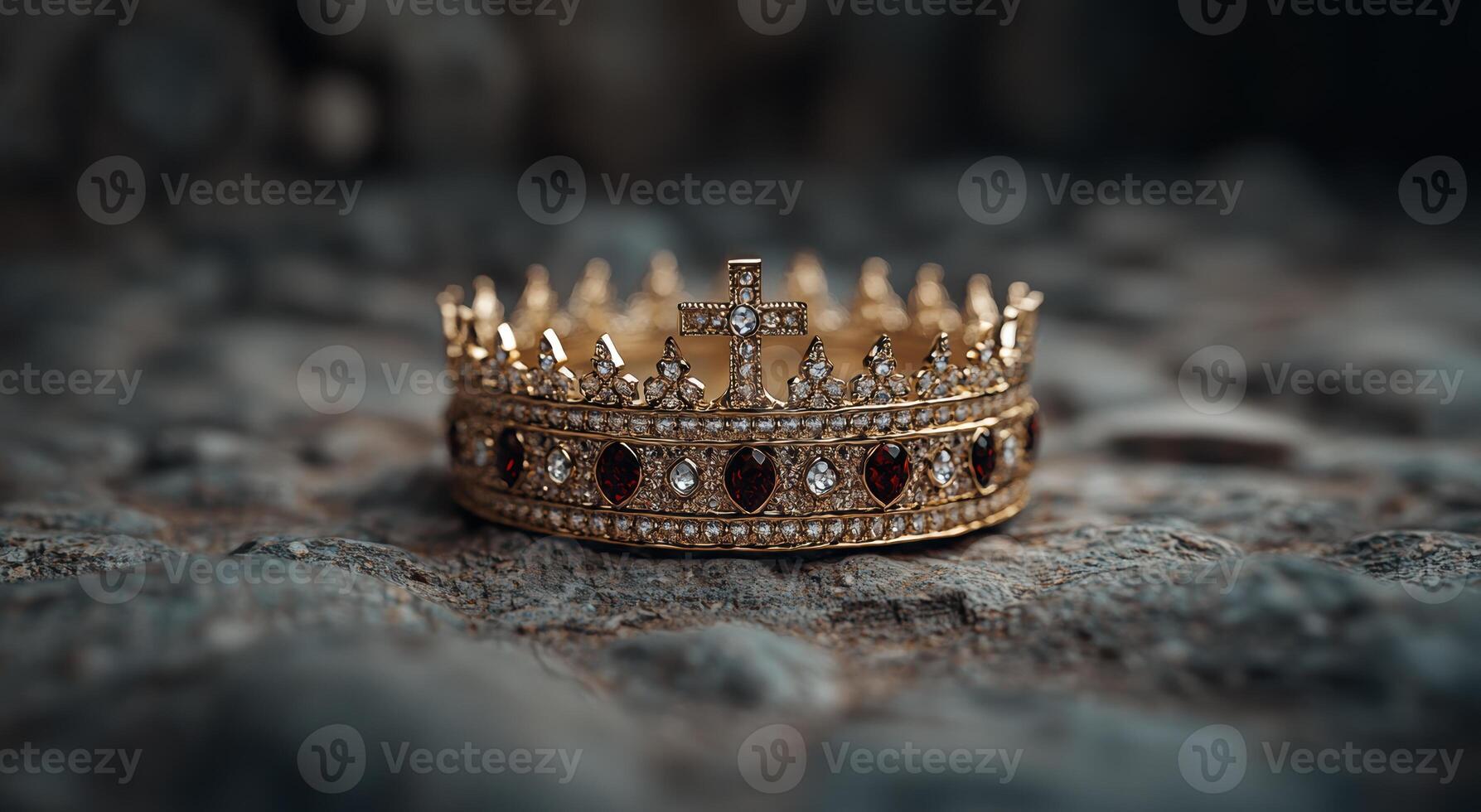 Ornate golden crown with gemstones on a textured surface photo