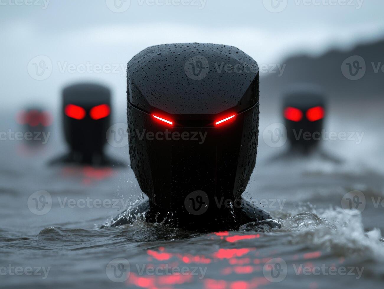 Mysterious underwater robots with glowing red eyes photo