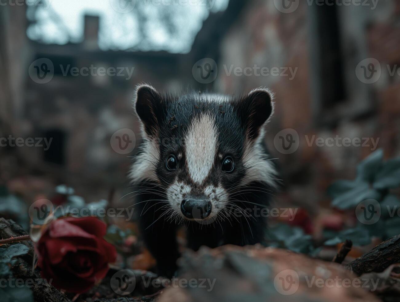 curious skunk in nature with rose photo