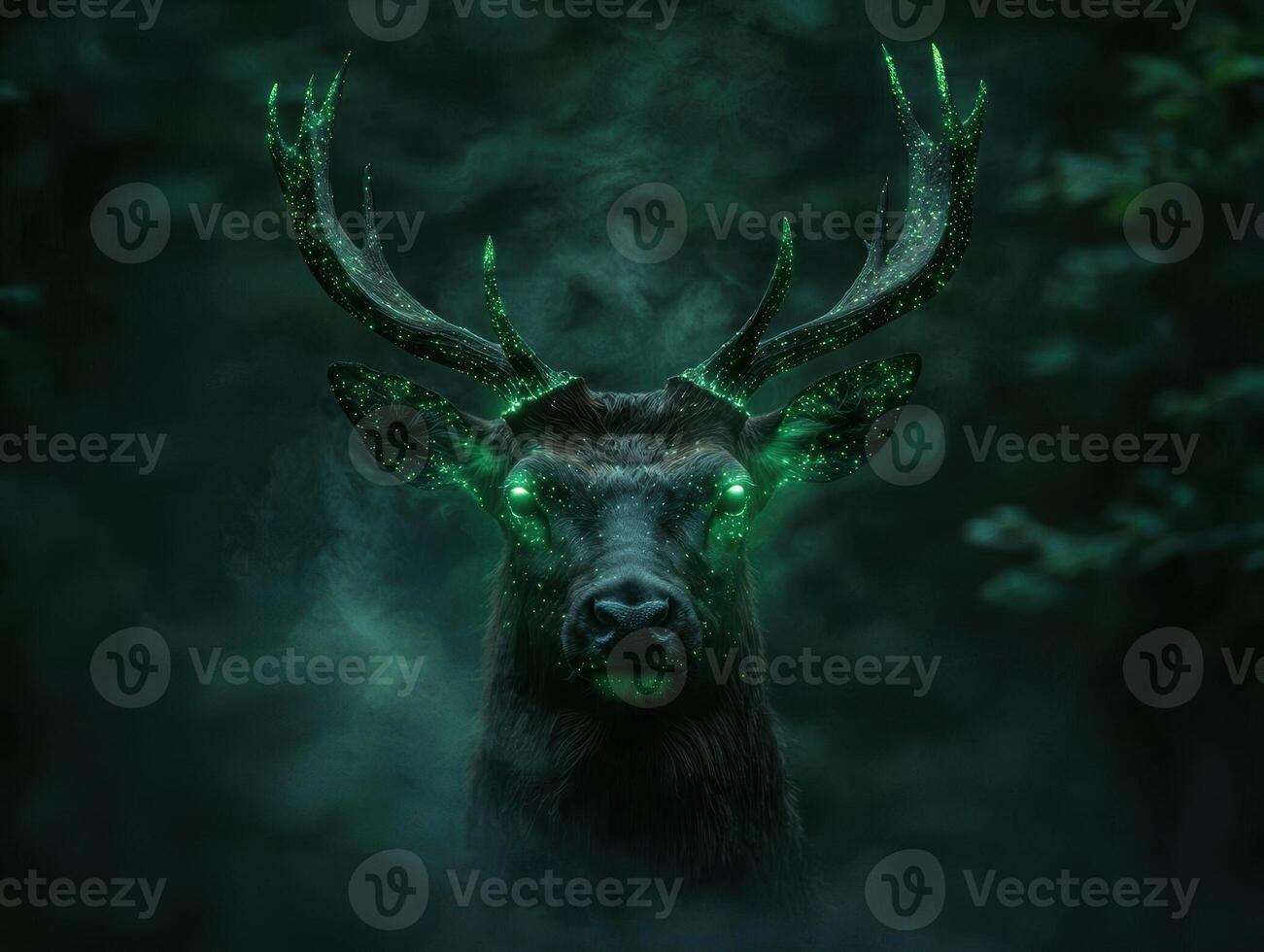 Magical deer with glowing antlers in the dark forest photo