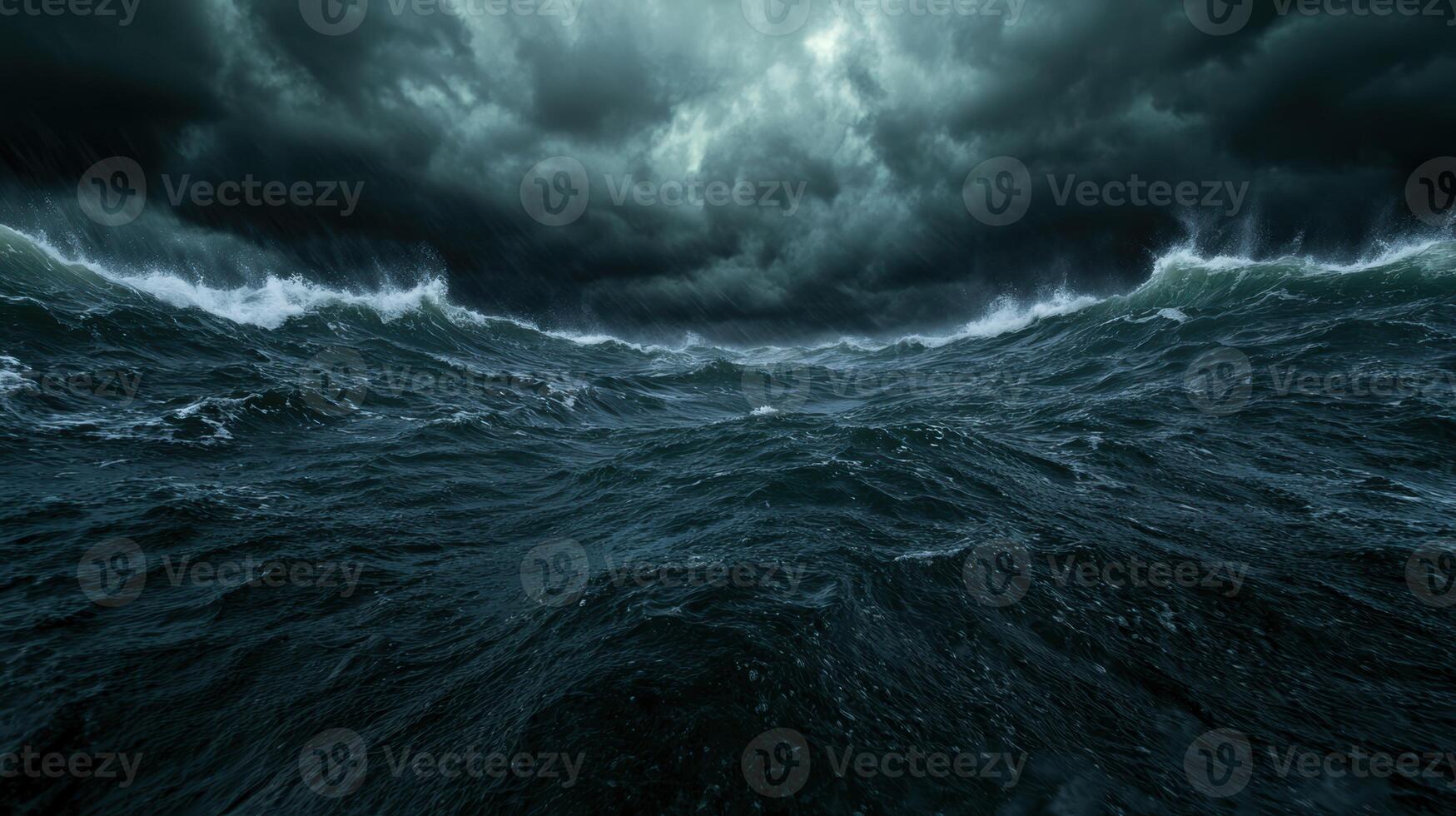 Stormy ocean waves crashing under dark clouds photo