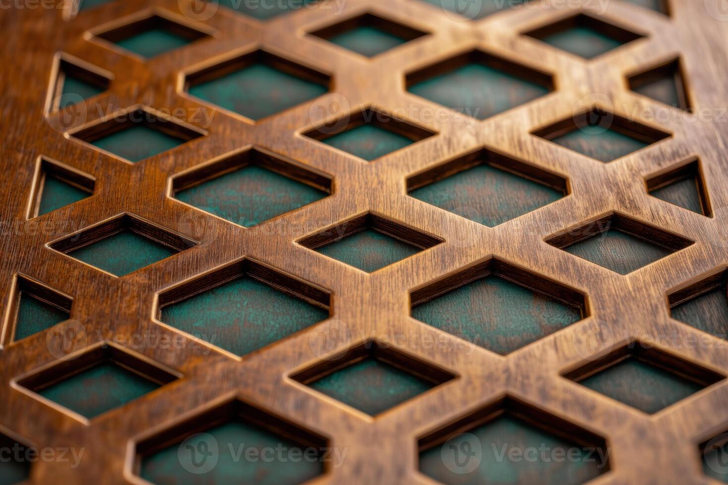 Intricate wooden lattice pattern with teal background photo