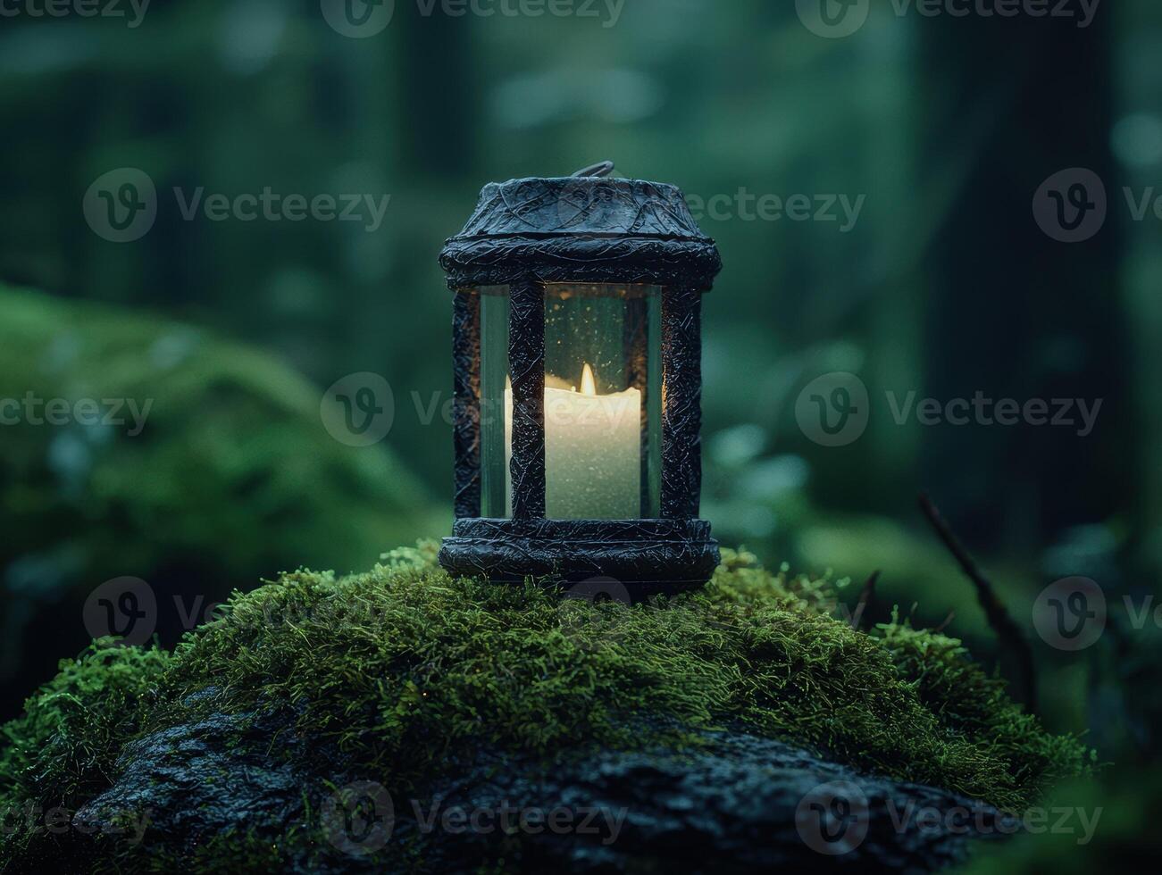 Glowing lantern in a mystical forest photo