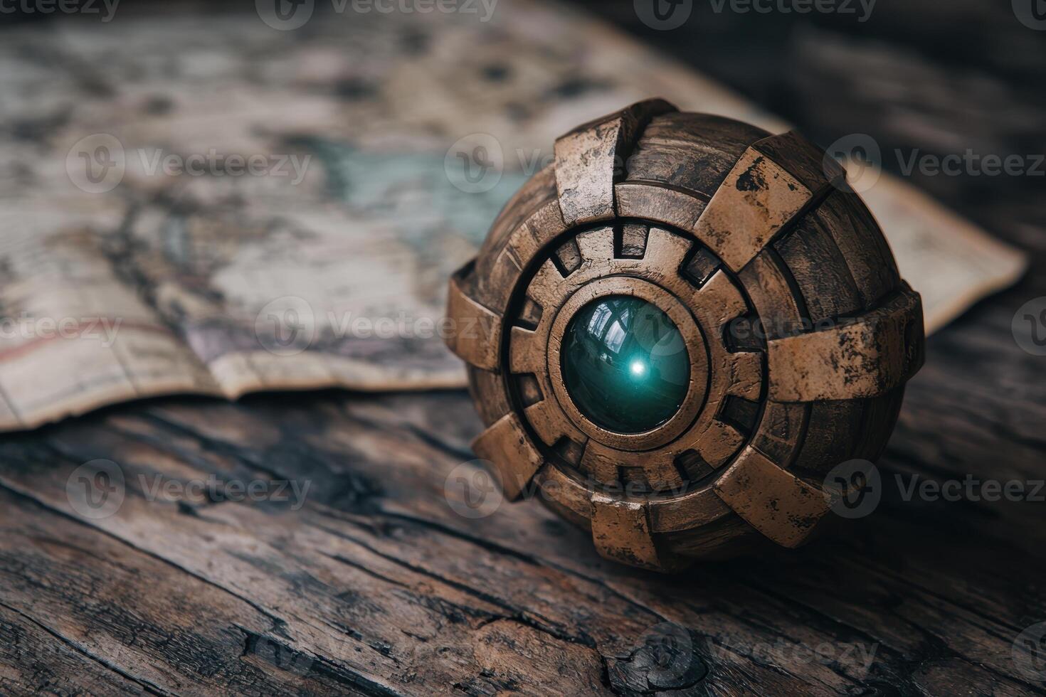 Mysterious glowing orb on old wooden surface photo