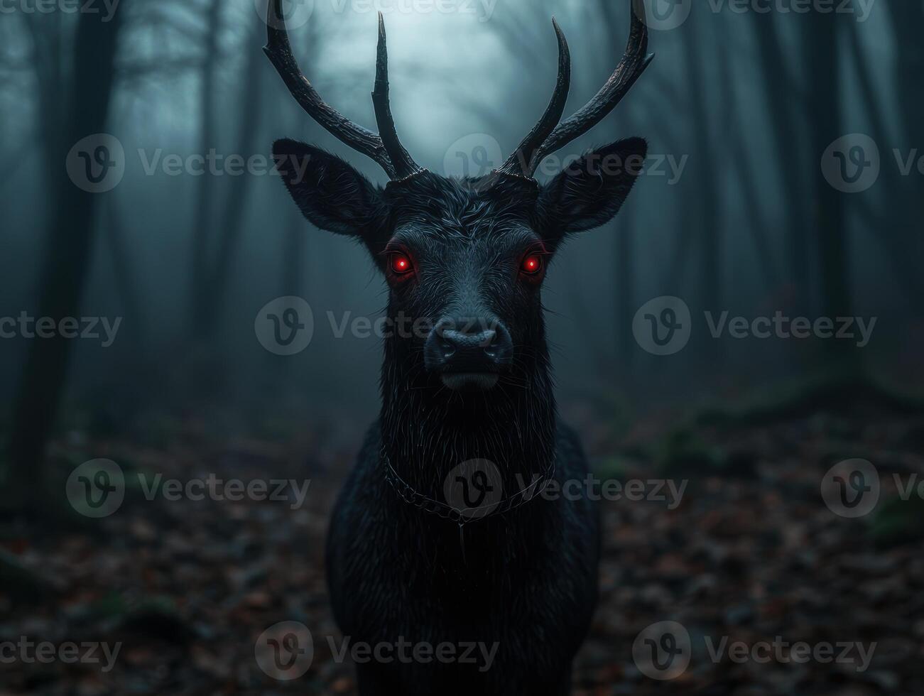 Mystical dark deer with glowing red eyes in a spooky forest photo
