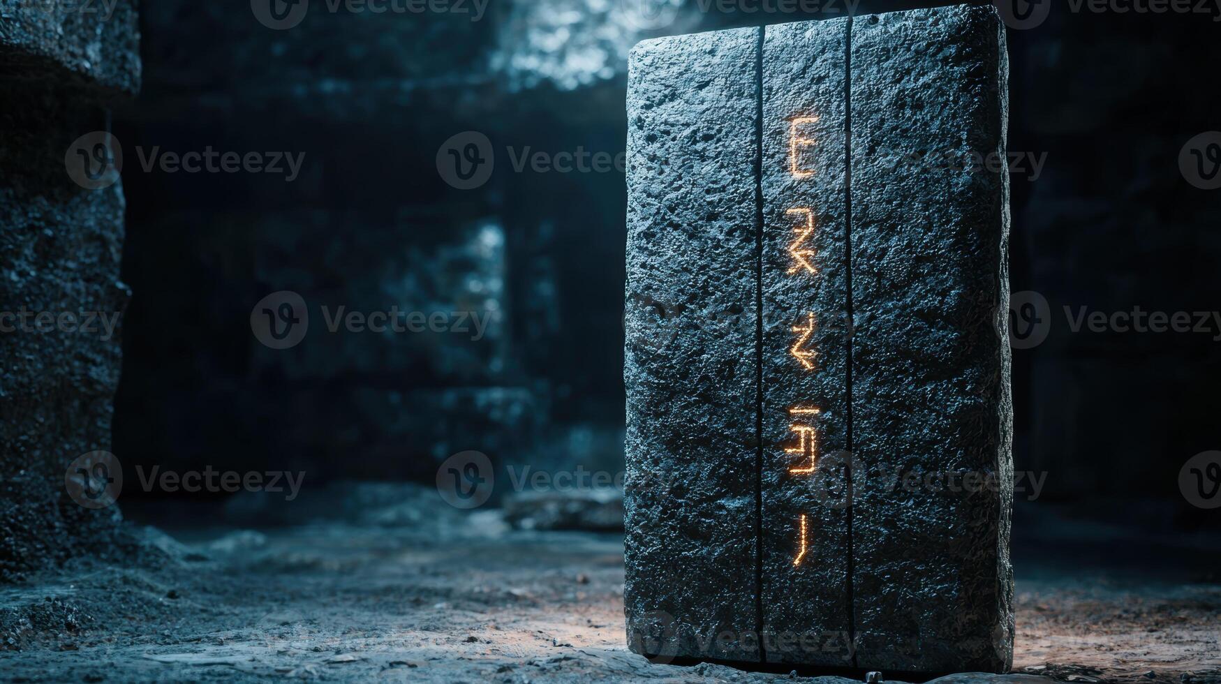 Mysterious rune stone in dark forest photo