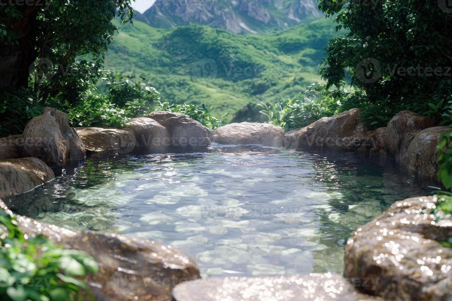 Serene natural hot spring in lush green mountain landscape photo