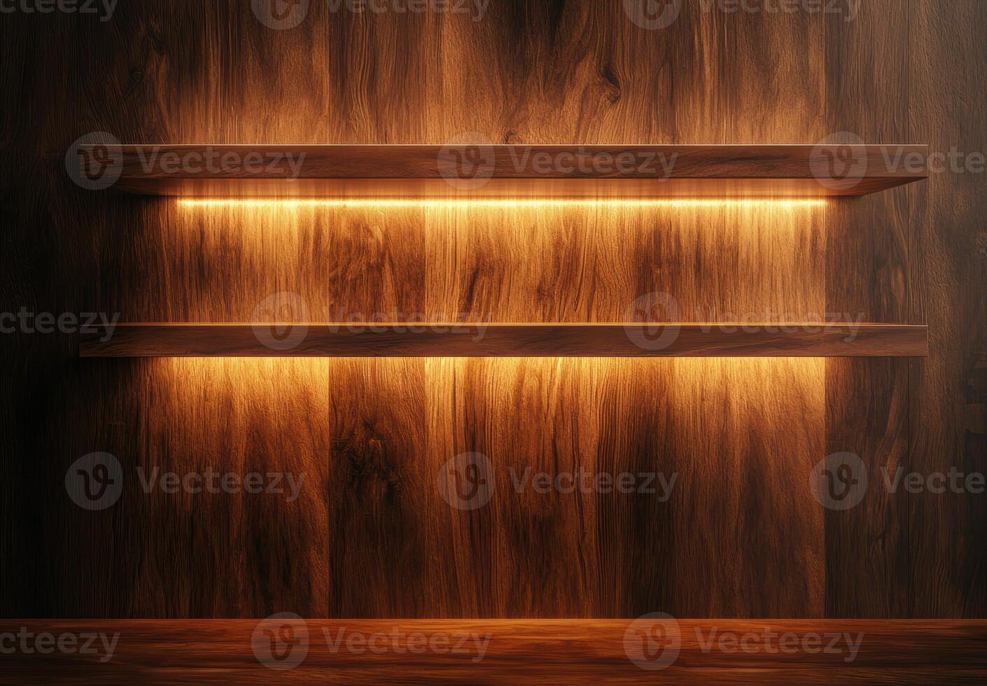 Warm wooden shelves with lighting photo