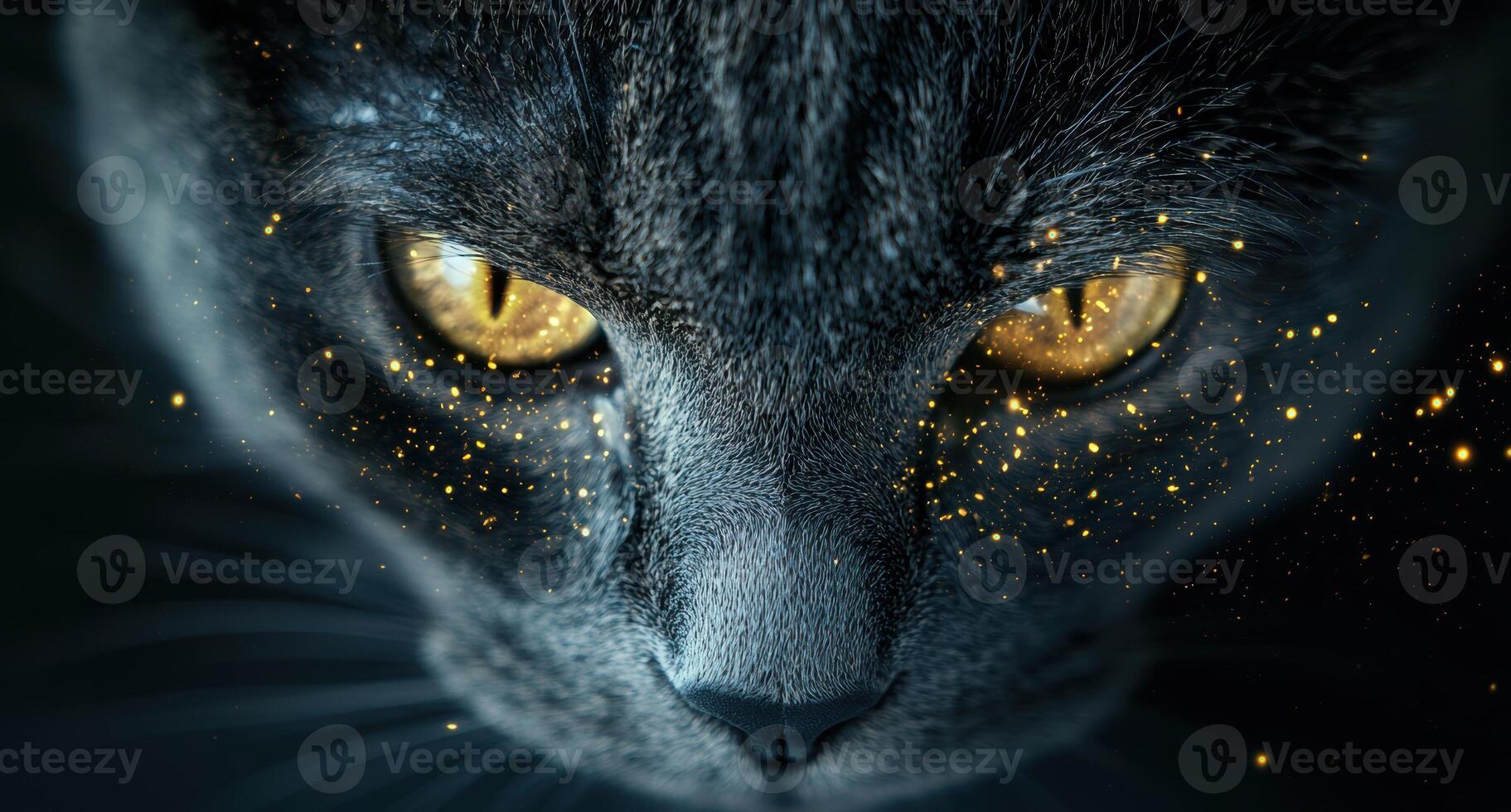 Glowing eyes of a mysterious cat in the dark photo