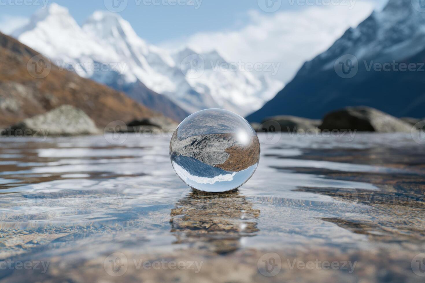Reflective glass sphere in mountain lake photo
