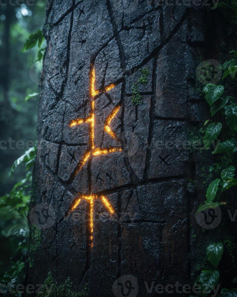 Glowing cross carved into dark stone in forest photo