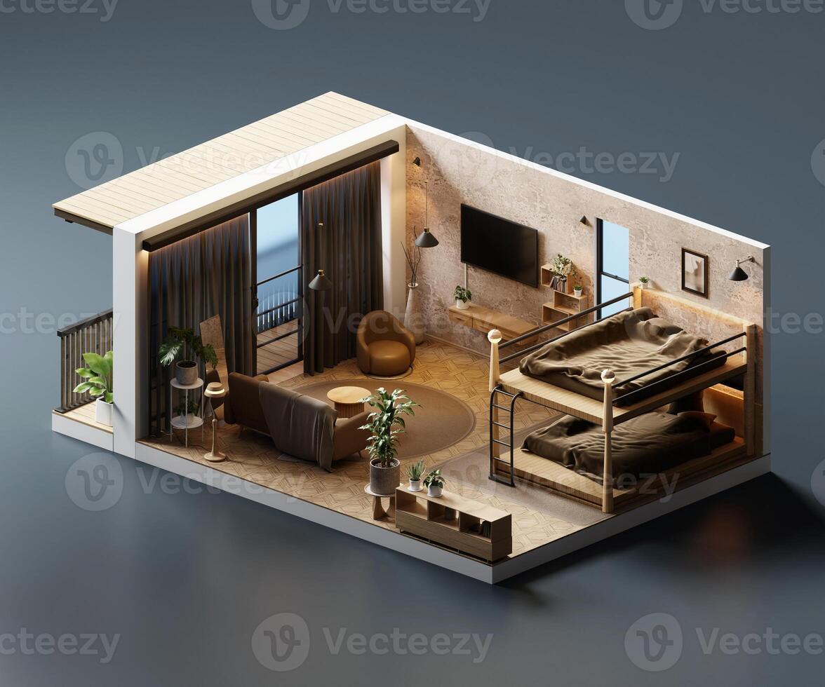 Isometric view bed room night open inside interior architecture 3d rendering digital art photo