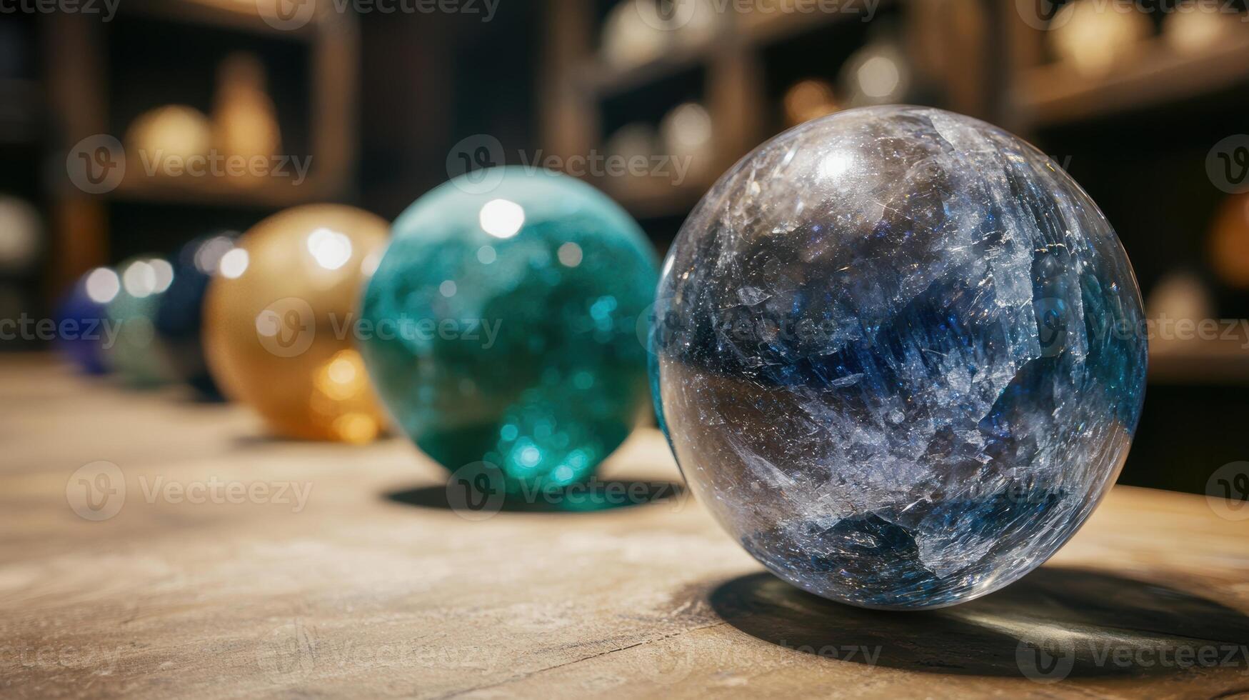 Mystical crystal balls on wooden table photo