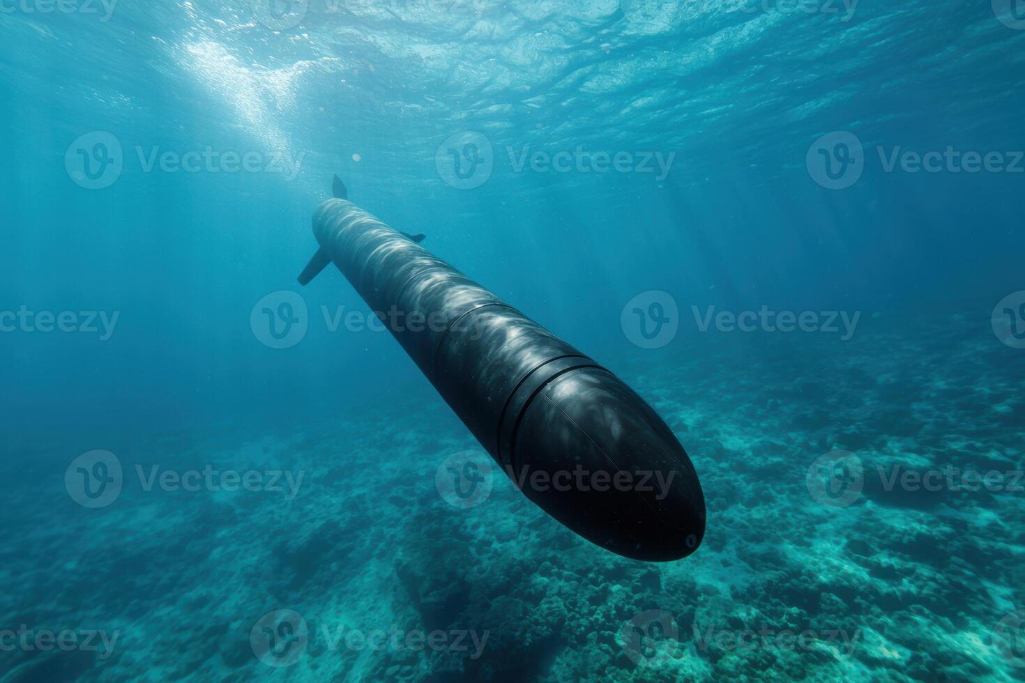 Underwater view of a submarine in the deep blue ocean photo