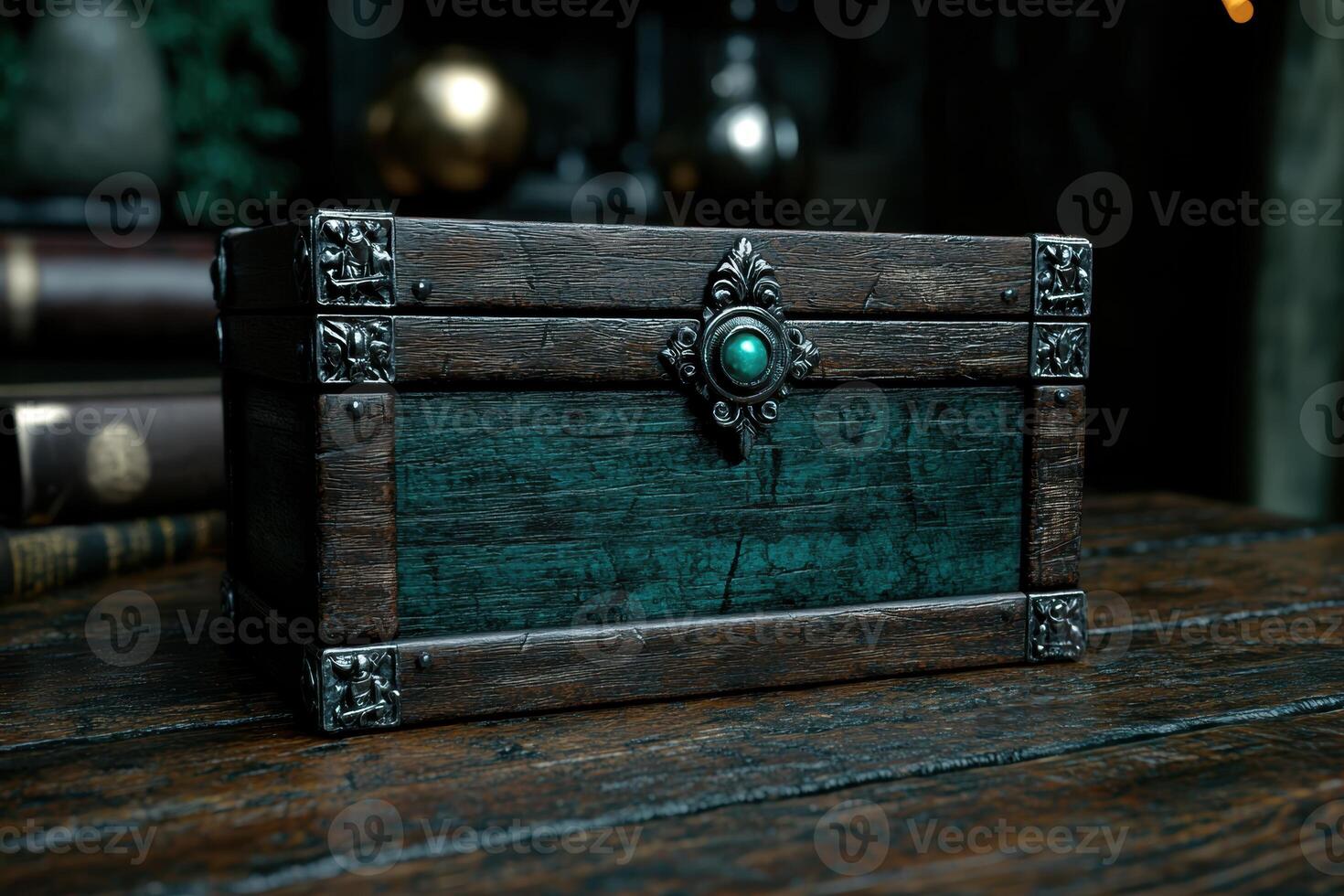 Antique wooden treasure chest with ornate metal accents photo