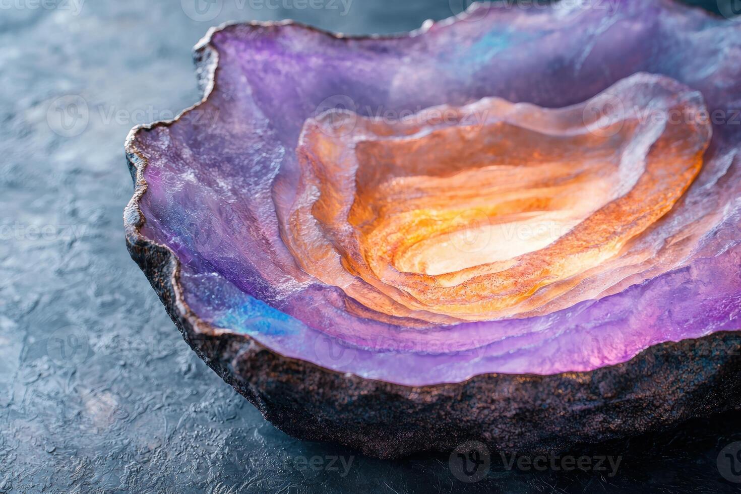 Vibrant agate geode with striking purple and orange hues photo