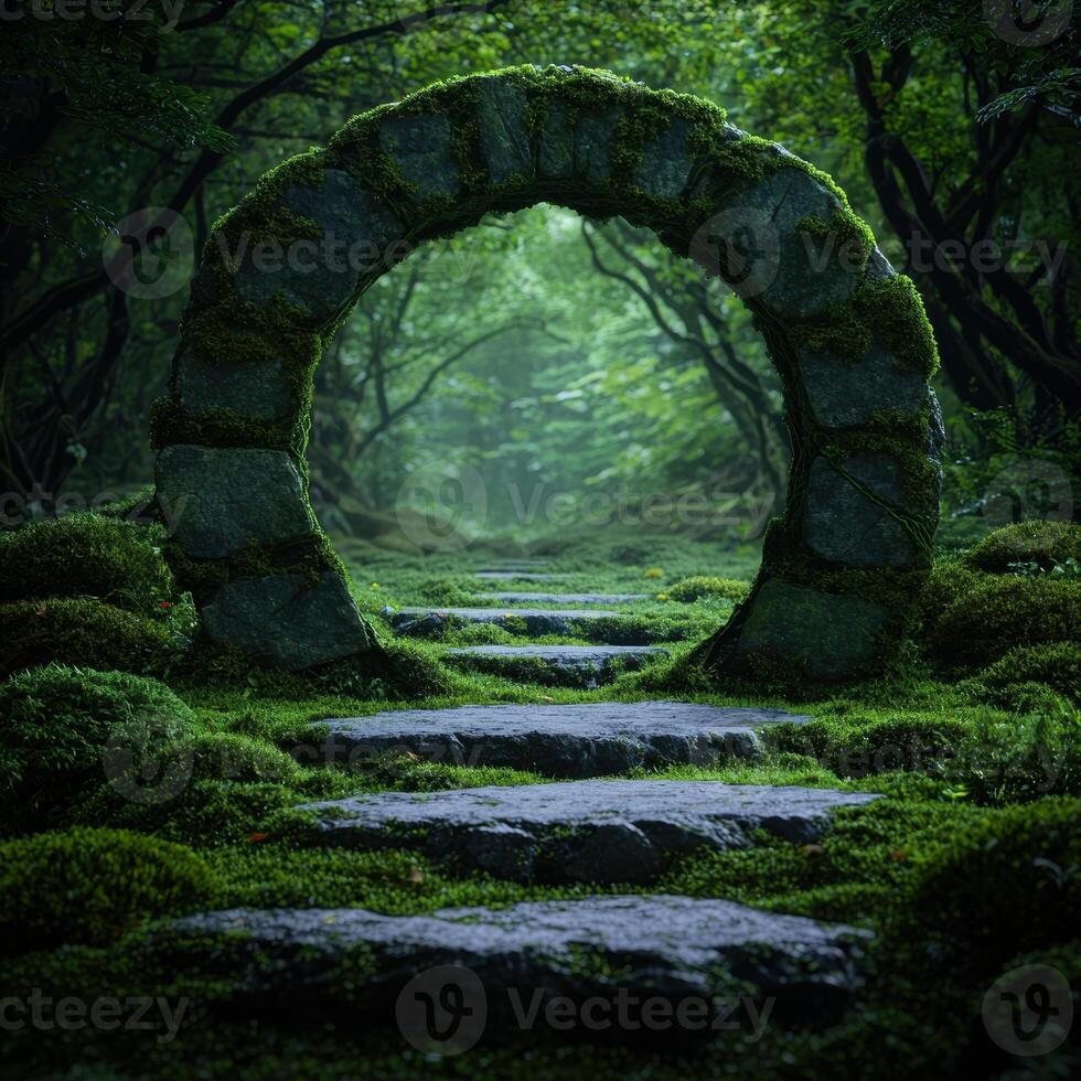 Enchanting moss covered archway in lush forest photo