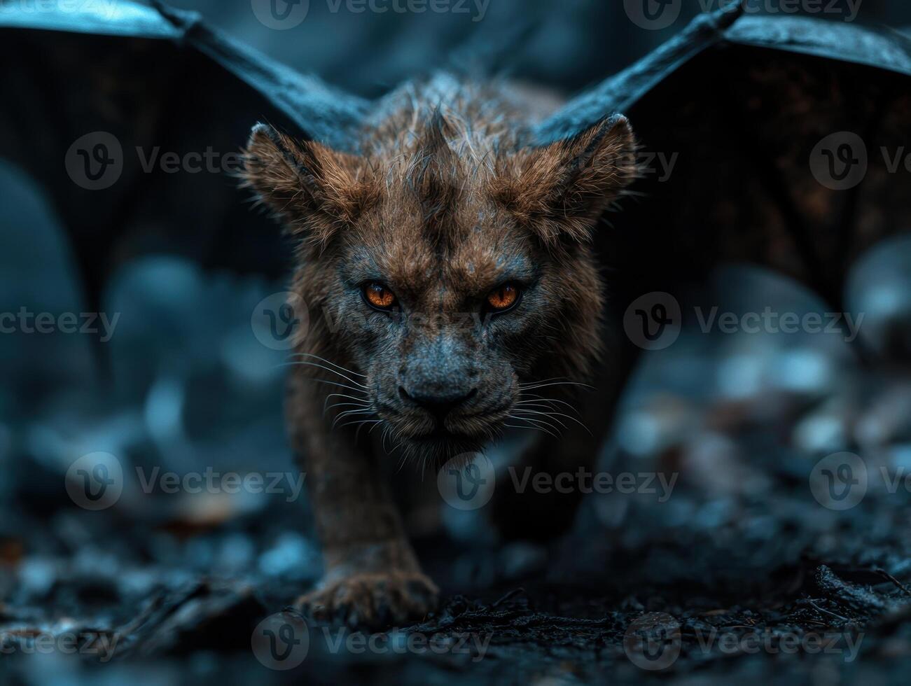 Fierce predator with glowing eyes in the dark forest photo