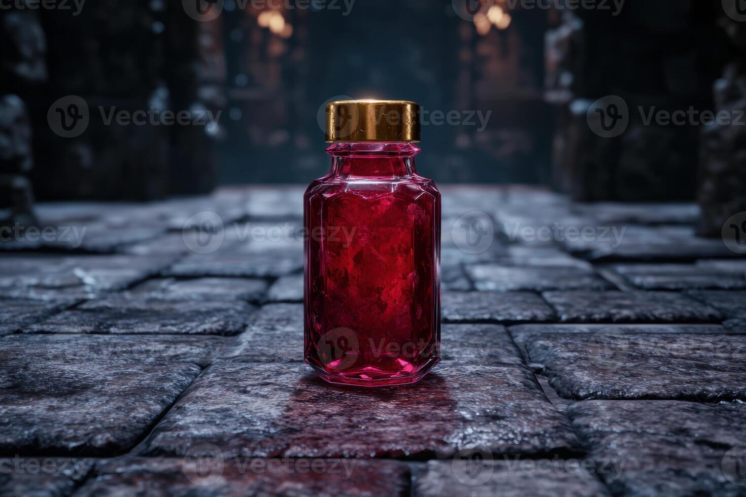 Vibrant red glass bottle with gold cap on dark background photo