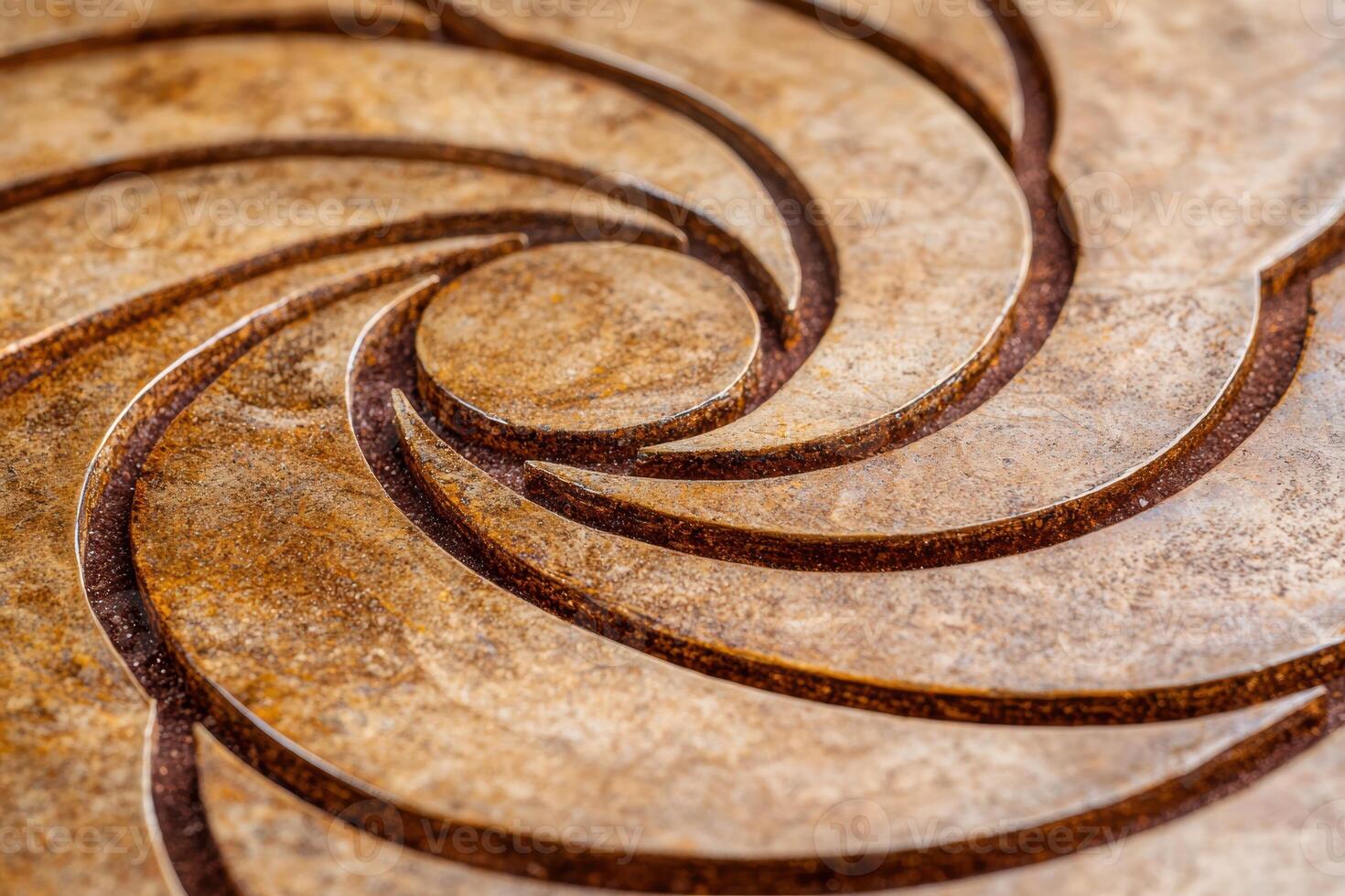 Intricate spiral pattern on wooden surface photo