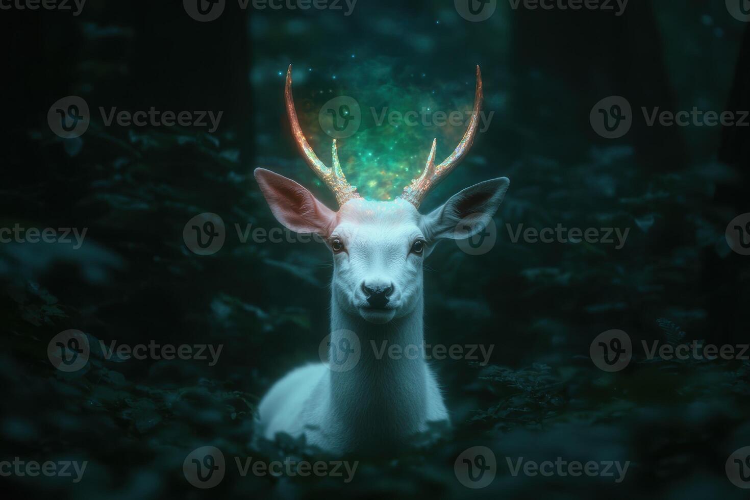 Mystical white deer with glowing antlers in a dark forest photo