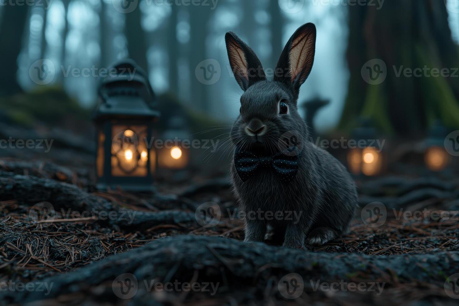 Adorable black rabbit with bow tie in dark forest photo