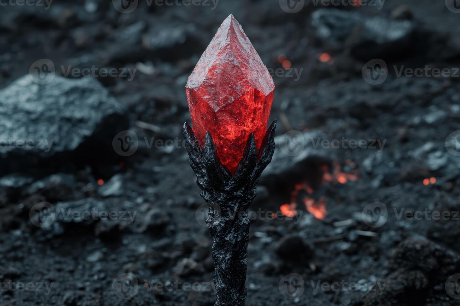 Glowing red crystal emerging from dark rock photo