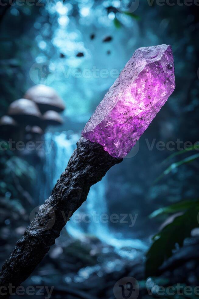 Vibrant amethyst crystal in a mystical forest setting photo