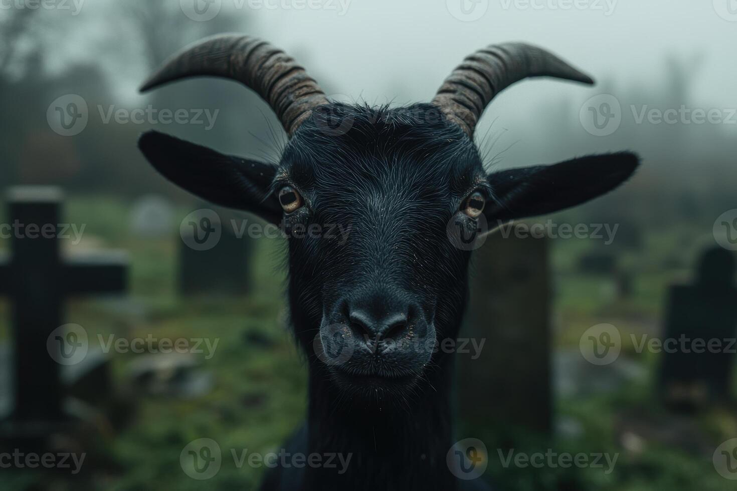 close up of a black goat with horns photo