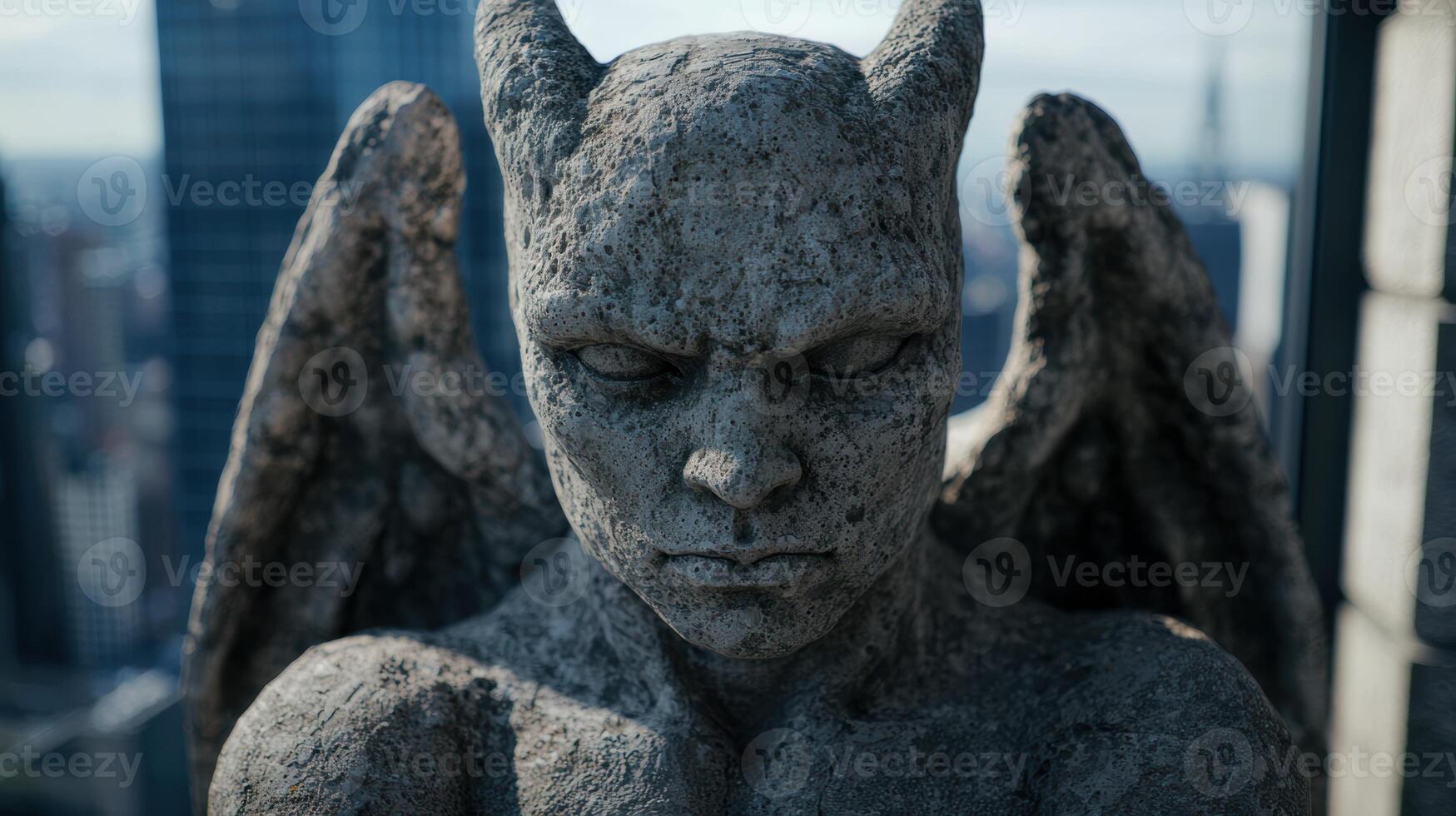 Mysterious stone gargoyle statue with a pensive expression photo