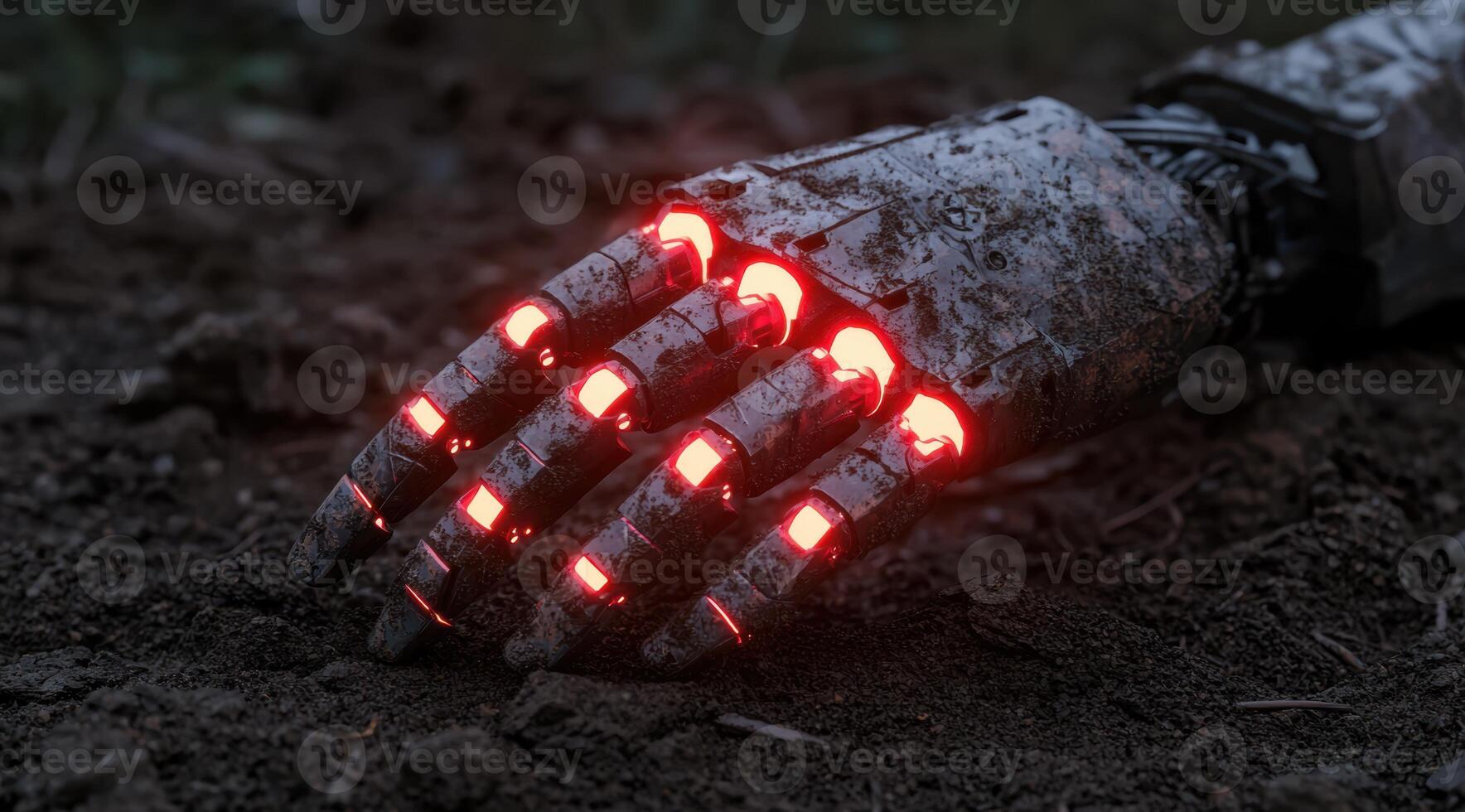 Futuristic cyborg hand with glowing red lights photo