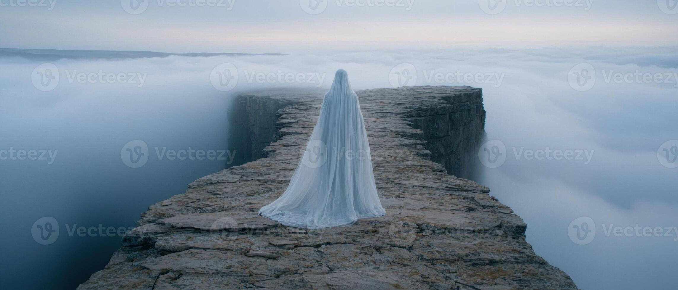 Mysterious figure standing on a cliff overlooking the ocean photo