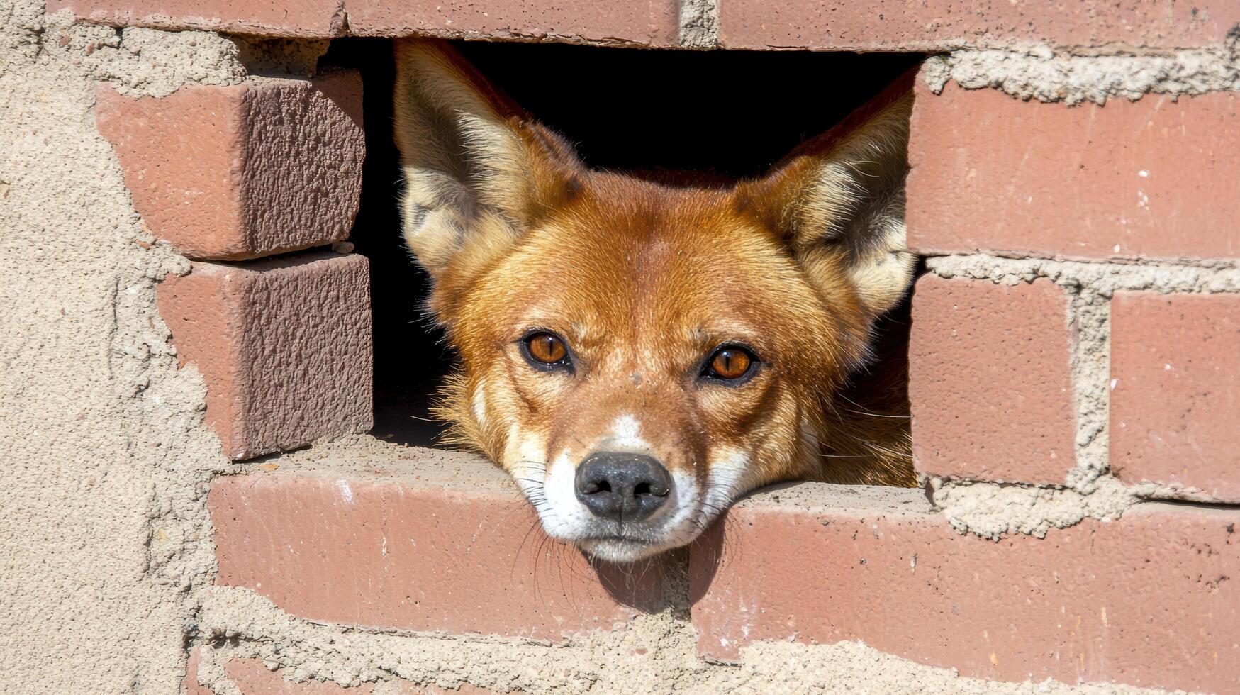 Curious fox peeking out from brick wall photo