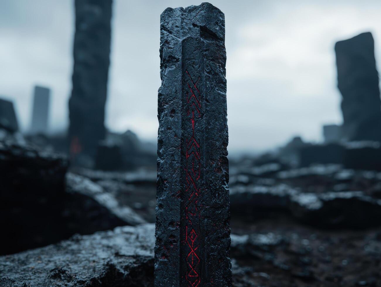 Mysterious rune inscribed monolith in a desolate landscape photo