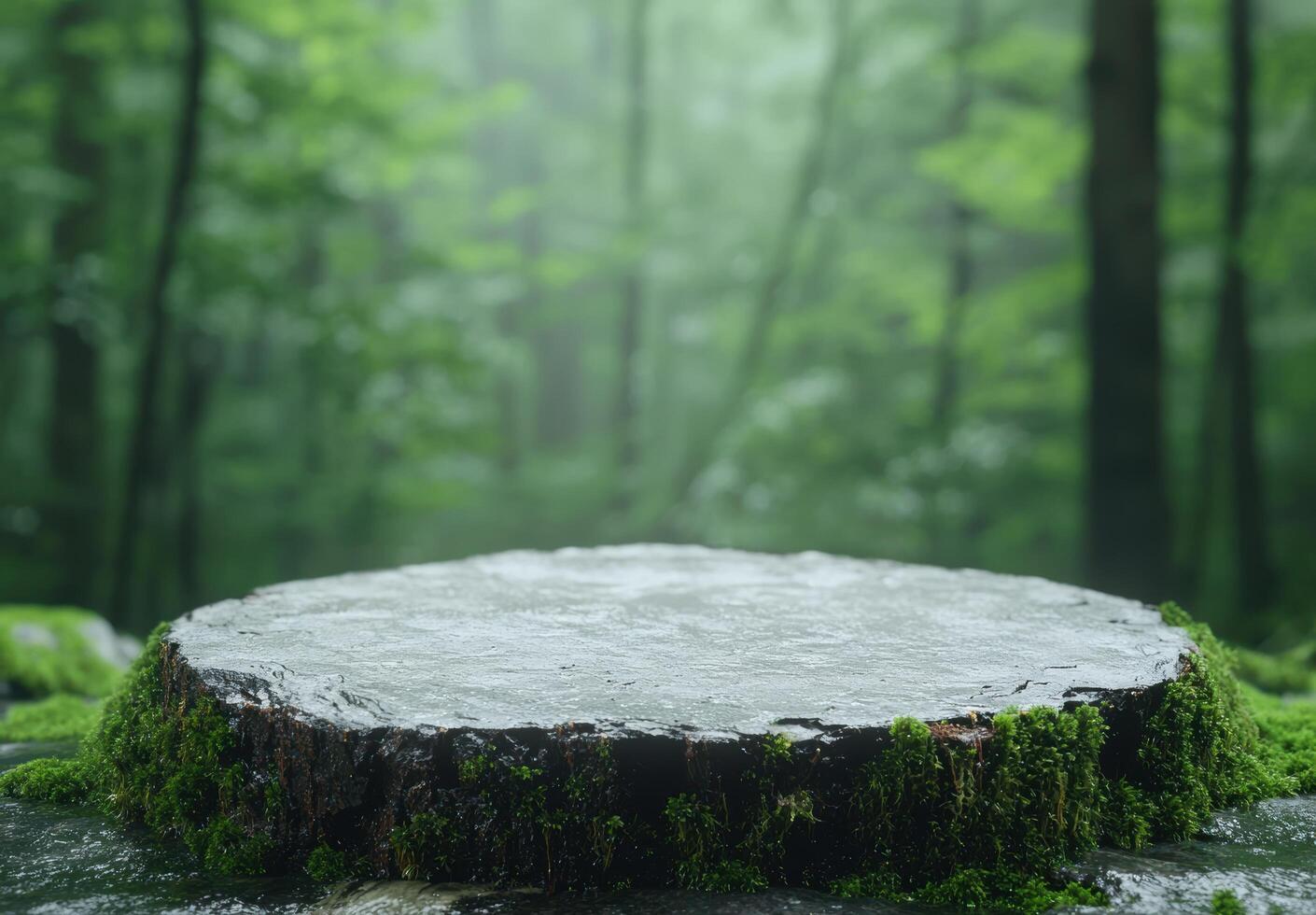 Moss covered tree stump in lush forest photo