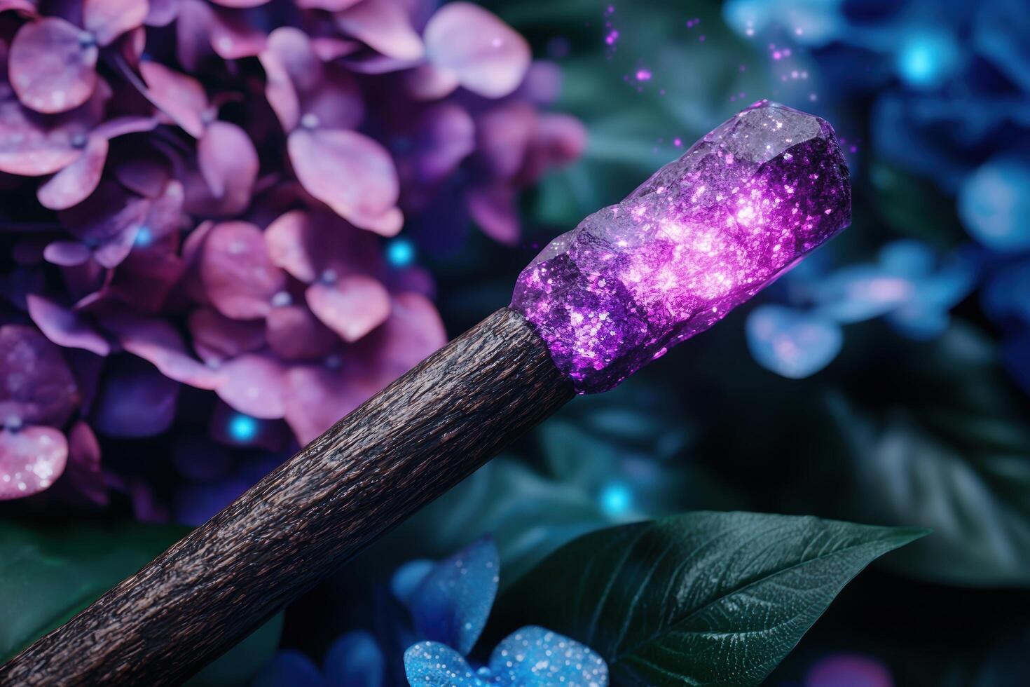 Magical glowing crystal wand with sparkling purple flowers photo